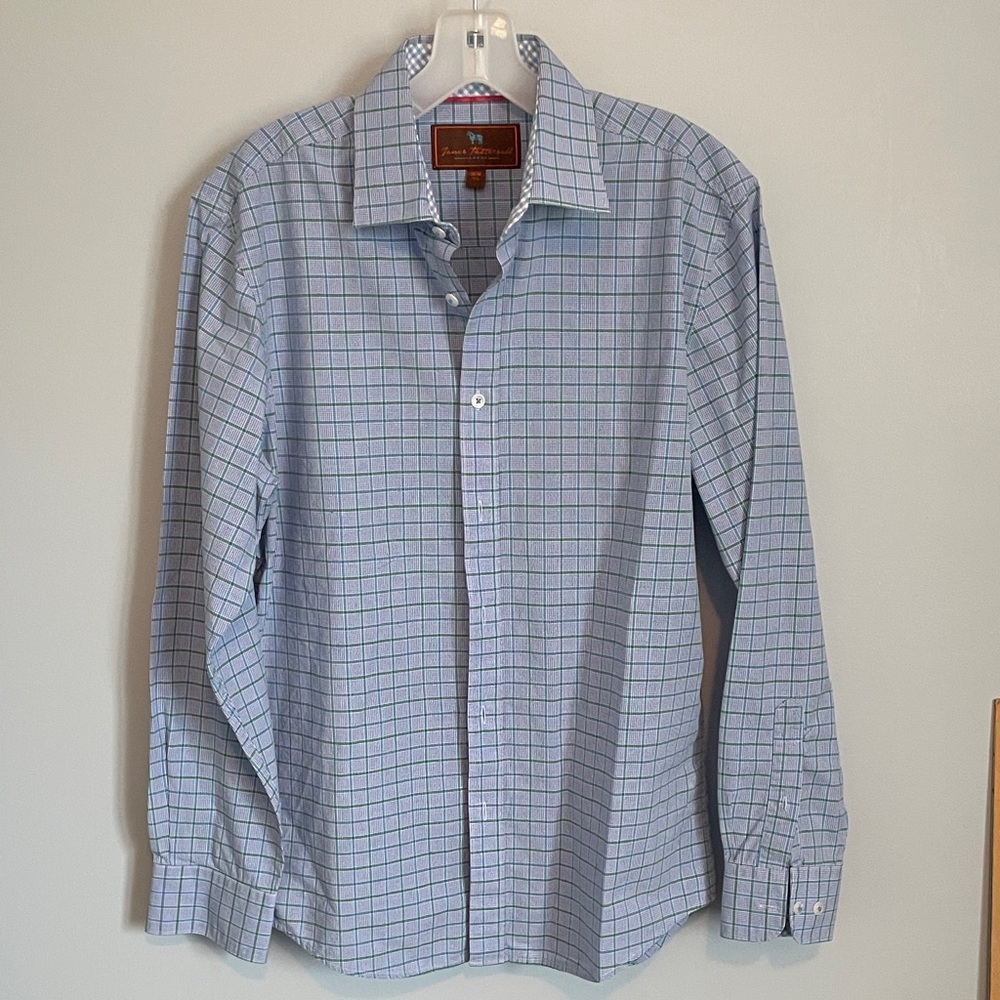 James Tattersall M 15.5 Blue green Checkered Casual Button Down Shirt
